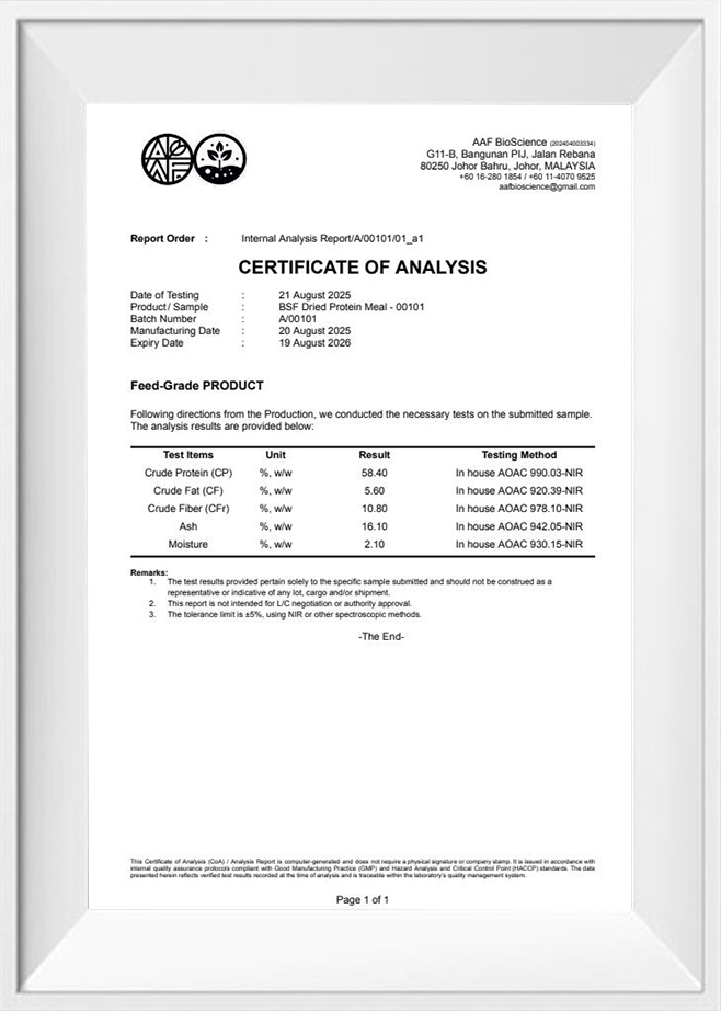 Certificado de análisis BSFL seco de Malasia